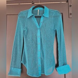 Teal Mesh Button-Up Women's Top